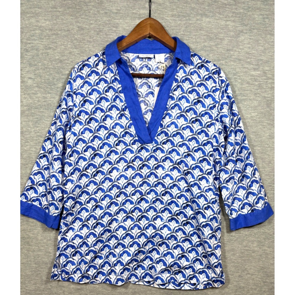 Sigrid Olsen Womens Shirt‎ S Blue White Print 3/4 Sleeve 100% Linen Top